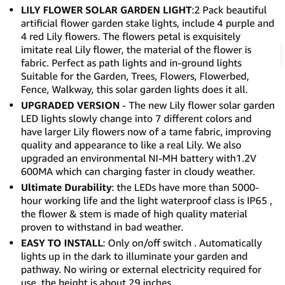 Qunlight Outdoor Solar 2-pack Purple & White Lilies Stake Flowers Waterproof - Picture 13 of 16